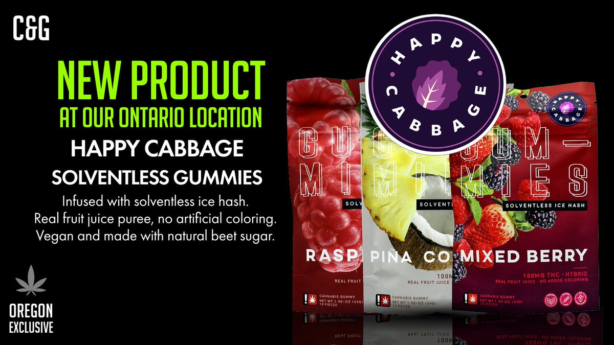 🔥 Ontario, OR  Exclusive -  NEW Happy Cabbage Solventless Gummies made with real fruit, in three different flavors! 🍓🫐🍍
cannabisandglassor.com
#cannabisontario  #ontariocannabis
#oregoncannabis