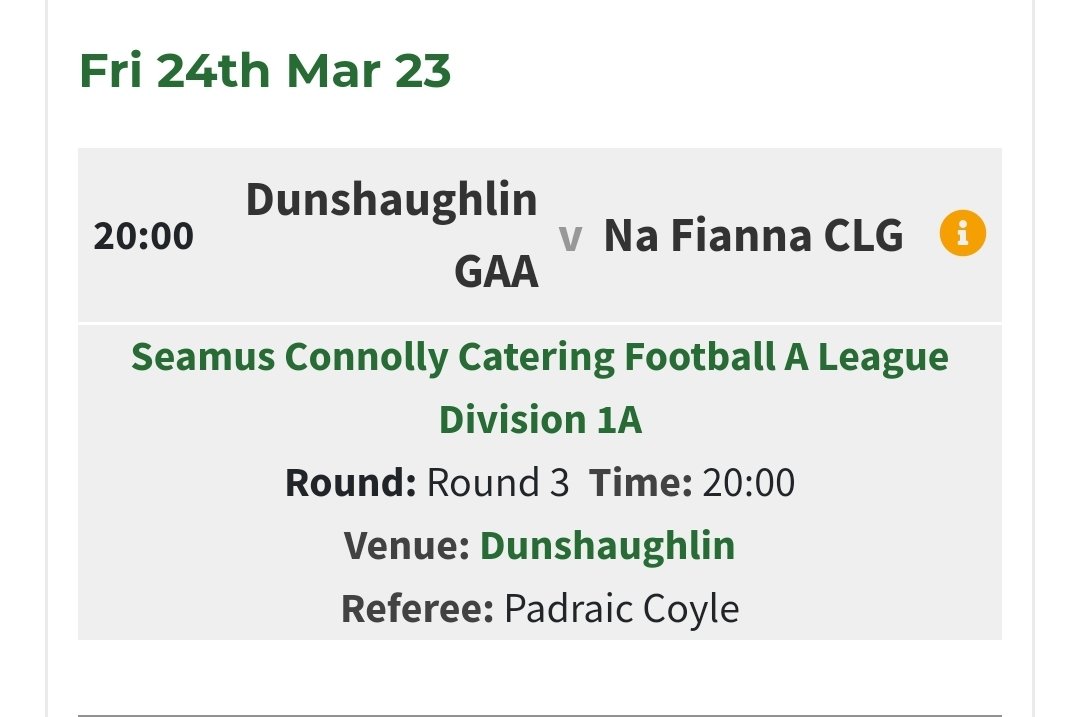 DunshaughlinGAA's tweet photo. Friday 24th 8pm #DunshaughlinGAA will host Na Fianna Gaa in a 3rd round match in A League Division 1A .
This game which has all the making of great evening with #dunshaughlingaa on the back of a rd1 victory and Na Fianna searching for their 1st win .
All support welcome ๐๐ค https://t.co/fBmHQQZVt5