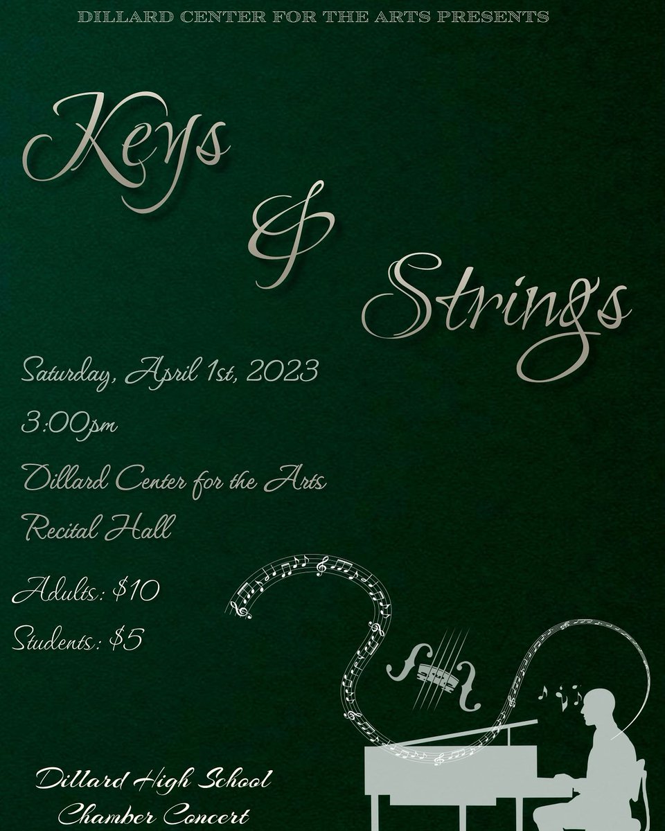 Join us for our Chamber Concert at Dillard on April 1st, 3pm. Adults are $10 and Students are $5. Visit dhstrings.com to buy tickets. See you there!