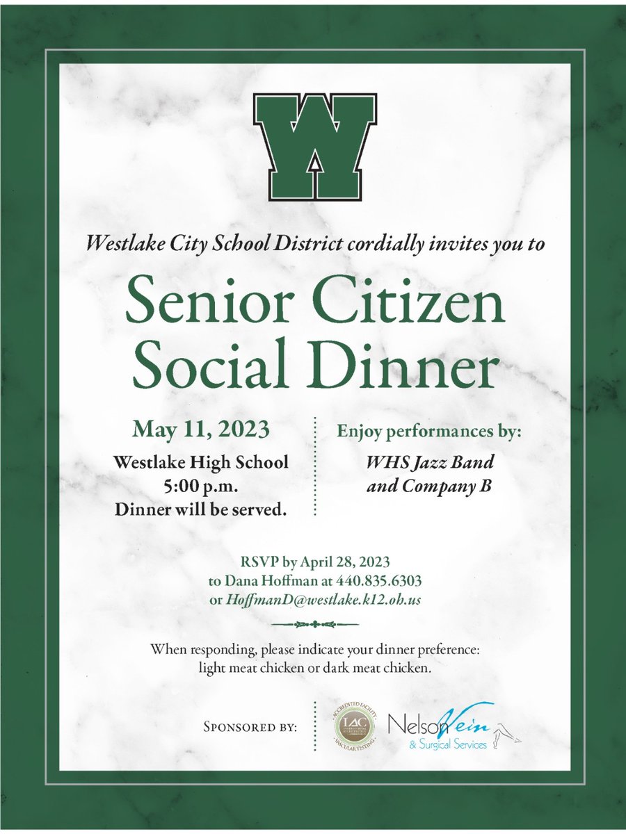 Mark your calendars! Westlake City Schools invites our senior citizen community members for a special Social Dinner on May 11. Please RSVP to Dana Hoffman at HoffmanD@westlake.k12.oh.us or 440-835-6303 by April 28.