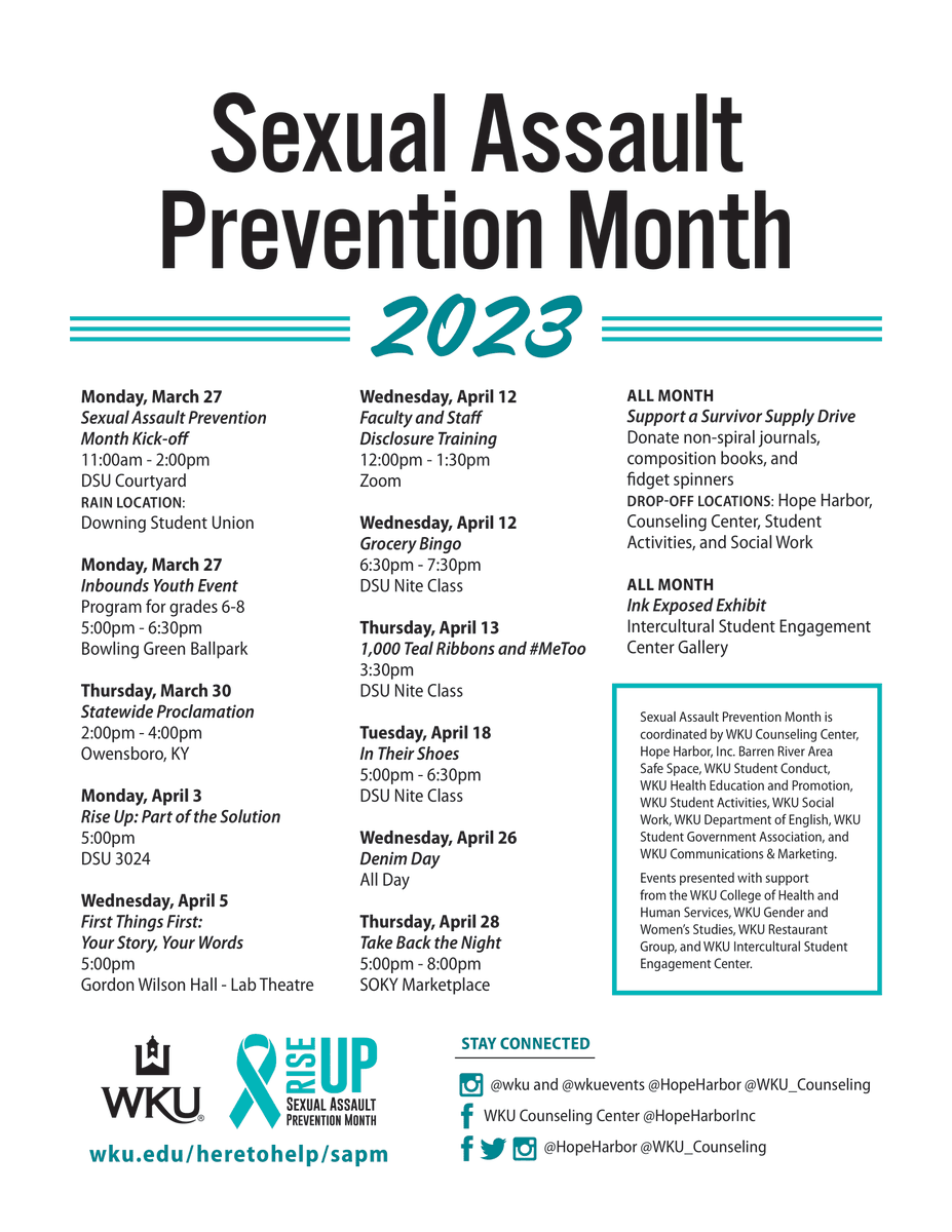 April is Sexual Assault Prevention Month. Join us in raising awareness throughout the month by attending the events listed below!

#WKU #SocialWork #WKUSocialWork #WeAreCHHS