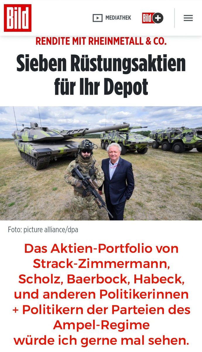 Das #Aktien-Portfolio von #StrackZimmermann, #Scholz, #Baerbock, #Habeck, und anderen Politikerinnen + Politikern der Parteien des #Ampel-Regimes würde ich gerne mal sehen.

#Kriegstreiber #PolitiParasiten #Staatsverräter #Volksverräter