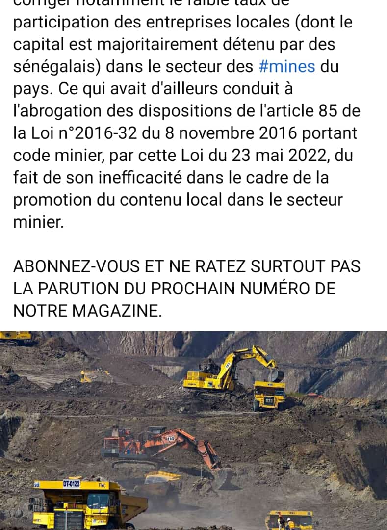 LegalMag's tweet photo. #Senegal 🇸🇳 : Le Gouvernement va réglementer les modalités de fourniture locale des biens et services dans le secteur #minier du pays, et ainsi renforcer et promouvoir d'avantage le contenu local dans ledit secteur. Le Projet de Décret y relatif a été adopté en CM du 15/0/23. https://t.co/euhH63Iufx