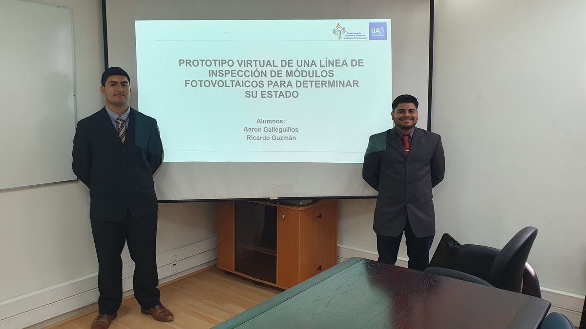 Hoy celebramos nuevos titulados de Ing. Civil Eléctrica <a href="/udeantofagasta/">Universidad de Antofagasta</a>. Con su trabajo en el área de la #fotovoltaica, Aaron Galleguillos y Ricardo Guzmán han aprobado con nota 6,9. Felicitaciones!!  🥳👏 <a href="/caiee_ua/">CAIEE UA</a> #Antofagasta <a href="/radiouantof/">Radio Universidad de #Antofagasta</a>