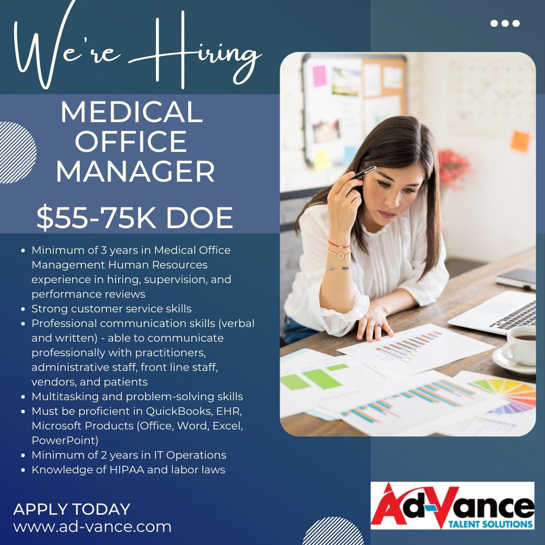 Ad_VanceTalent's tweet photo. We're looking for a MEDICAL OFFICE MANAGER $55-75K DOE
Apply TODAY https://t.co/3P5nk52hyf or call/text 941-739-8883
#hiring #jobsd #medicalofficemanager #officemanager #medicalofficemanagerjobs https://t.co/Uy05v1EH3n