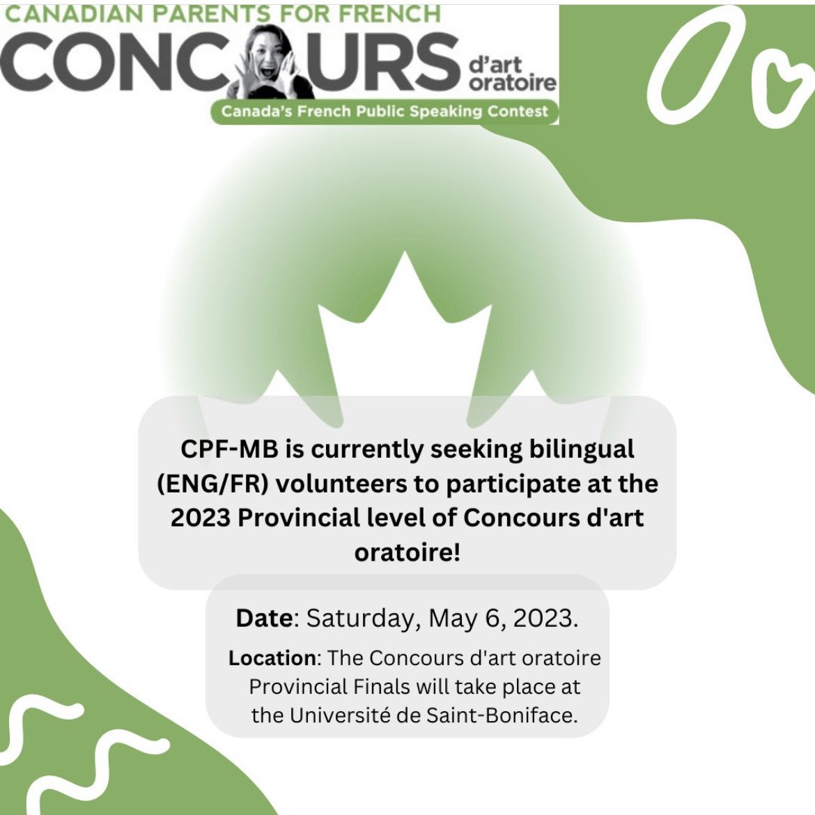 ‼️Reminder that CPF-MB is currently seeking bilingual (ENG/FR) volunteers to participate at the 2023 Provincial level of Concours d'art oratoire!‼️

Please fill out our Jotform!

form.jotform.com/220665369938066