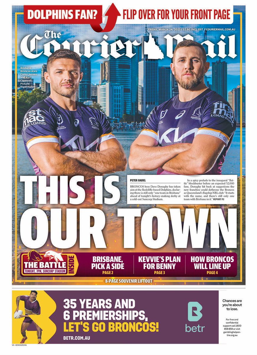 TomSangsterSC's tweet photo. Loving the front and back pages of @couriermail today for whichever team you barrack for. Phins up baby. https://t.co/2BH5p2qsKP