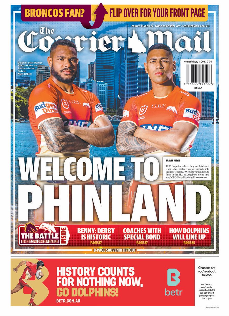 Loving the front and back pages of <a href="/couriermail/">The Courier-Mail</a> today for whichever team you barrack for. Phins up baby.