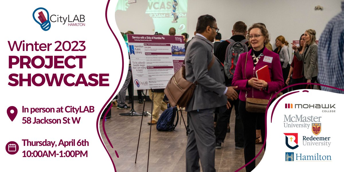 Register for our Winter 2023 Project Showcase on April 6th at CityLAB! eventbrite.ca/e/506545841247

Learn about the exciting community-based student projects, co-created with <a href="/Cityofhamilton/">City of Hamilton</a> staff through dynamic presentations and conversations!

#CityLAB #HamOnt #ProjectShowcase
