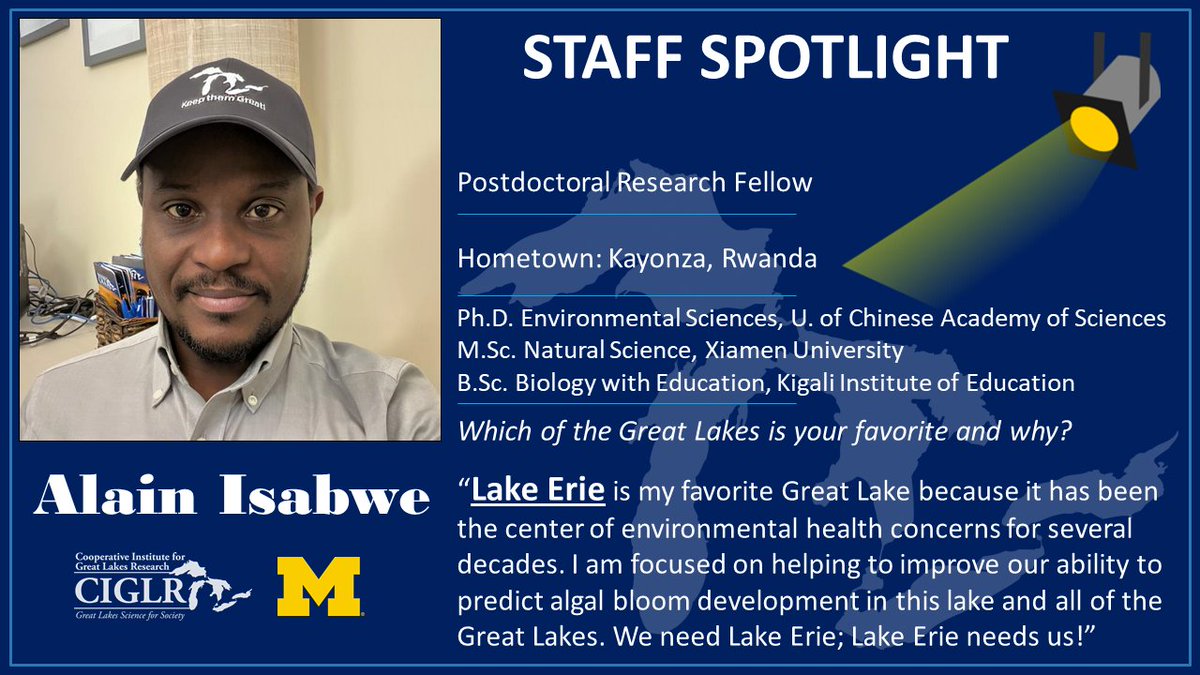 #CIGLRStaffSpotlight: Alain Isabwe is a Postdoctoral Research Fellow interested in how global warming/land cover change affect fw algae @ different spatio-temporal scales. His work aims to improve our ability to predict #GreatLakes algal bloom development: ciglr.seas.umich.edu/opportunities/…
