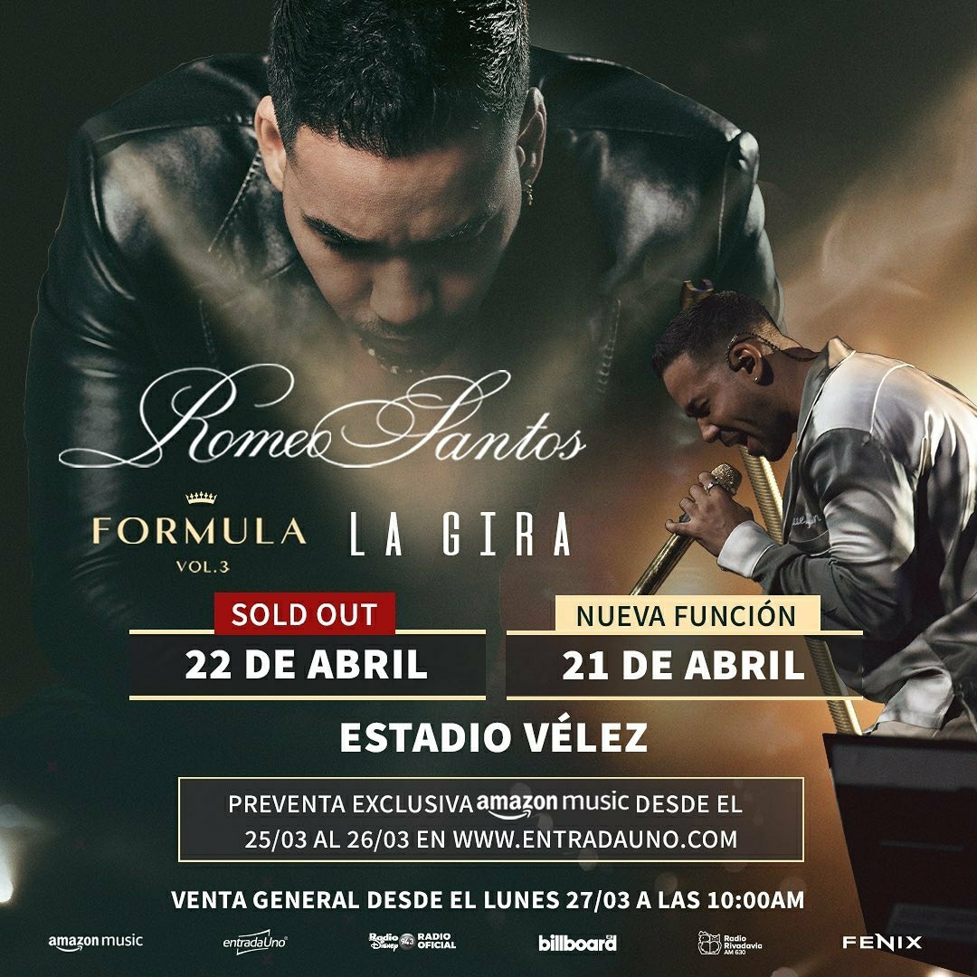 Romeo Santos presentará su segundo show en el Estadio de Velez Sarfield el día 21 de abril. "Fórmula V.3" ❤️🔥 👉🏼 PREVENTA EXCLUSIVA de @amazonmusicar desde el 25/03 al 26/03 en entradauno.com 🎟️ La VENTA GENERAL comenzará el lunes 27/03 a las 10:00 am #RomeoSantos