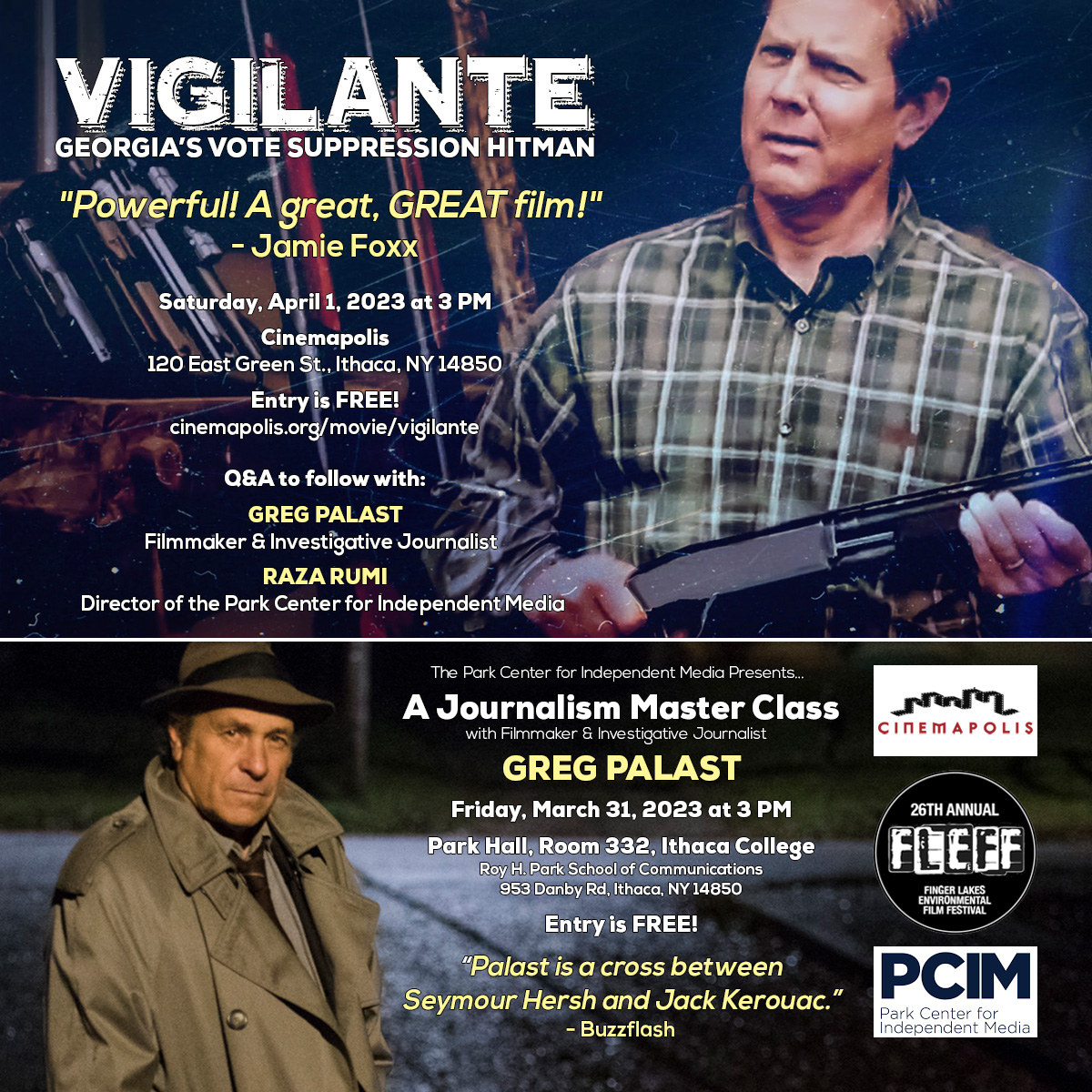 Join me in #Ithaca, NY...

👨‍🎓 Fri, Mar 31 - Journalism Master Class ithaca.edu/finger-lakes-e…

📽️ Sat, Apr 1 - Screening of Vigilante + Q&amp;A with <a href="/RazaRumi/">Raza Ahmad Rumi</a> cinemapolis.org/movie/vigilant…

Both events are FREE to all

Presented by <a href="/ParkIndyMedia/">Park Center for Independent Media</a> as part of <a href="/FLEFF_26/">Finger Lakes Environmental Film Festival (FLEFF)</a>