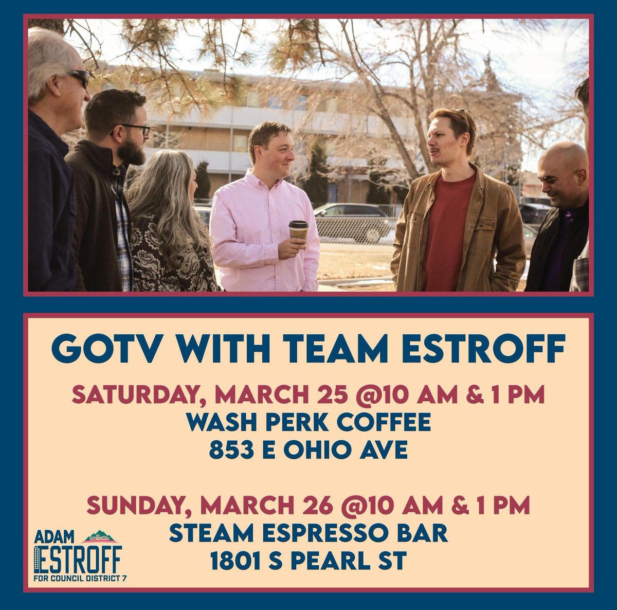 With just 12 days until ballots are due, it is time to Get Out The Vote! 

Join us to share our vision for a better, more affordable Denver. 

Saturday -  secure.ngpvan.com/tQUV7H4qaUClkA…
Sunday - secure.ngpvan.com/tXbYRgq8dEucVP…