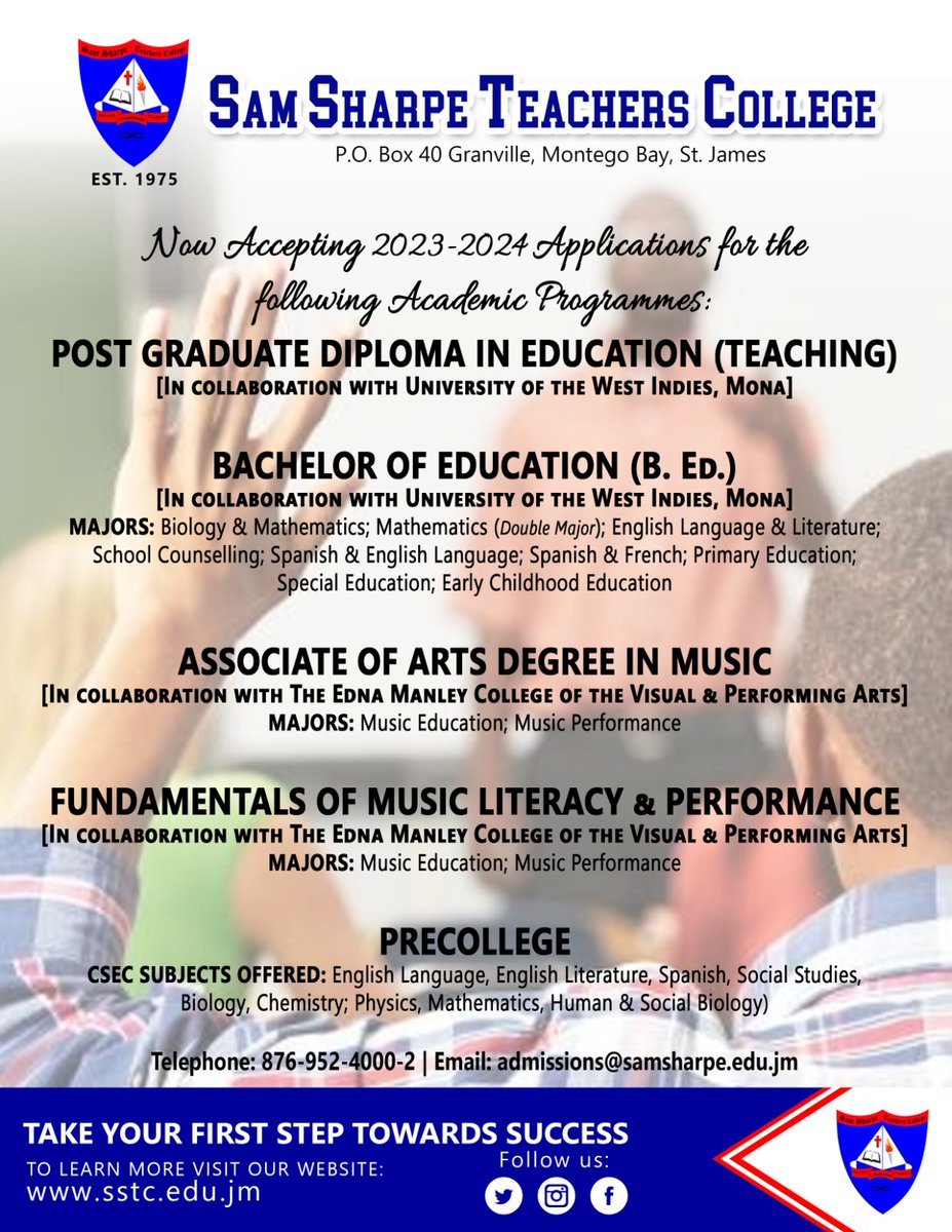 SamSharpeTC's tweet photo. Start your journey here to higher education! ... Apply for our Bachelor of Education programmes.
#sstc #samsharpeteacherscollege #samsharpecollege #collegenearme #collegeinmontegobay #schoolsinmontegobay #schoolsnearme #montegobaycolllege #BEd
#EARLYCHILDHOODCOURSE https://t.co/KKT5g6rKO3