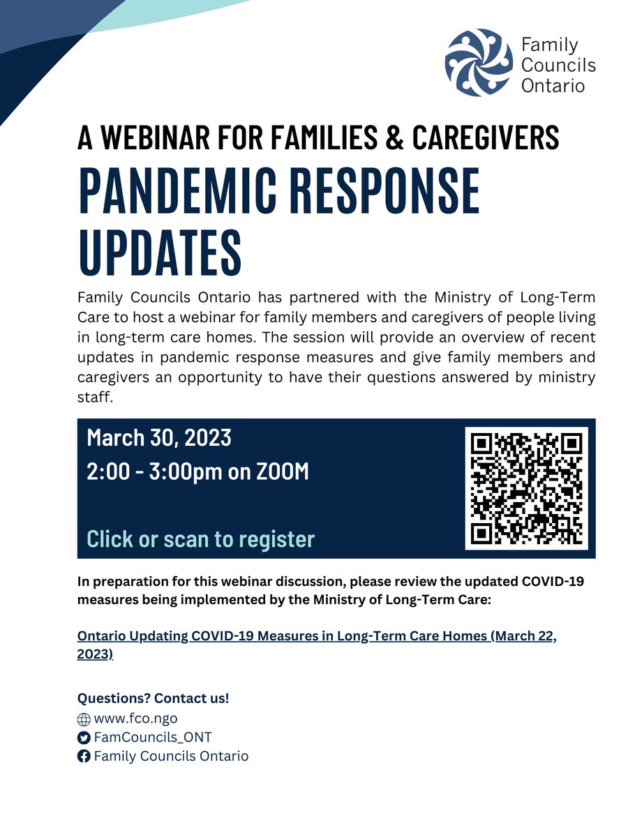 Family Councils Ontario (@famcouncils_ont) on Twitter photo NEXT WEEK -> Pandemic Response Updates Webinar with the Ministry of Long-Term Care <a href="/ONlongtermcare/">Ontario Long-Term Care</a>
March 30th 2023 at 2:00pm on ZOOM
Click here to register: us06web.zoom.us/webinar/regist…
#families #caregivers #pandemicresponse #COVID19 NEXT WEEK -> Pandemic Response Updates Webinar with the Ministry of Long-Term Care <a href="/ONlongtermcare/">Ontario Long-Term Care</a>
March 30th 2023 at 2:00pm on ZOOM
Click here to register: us06web.zoom.us/webinar/regist…
#families #caregivers #pandemicresponse #COVID19