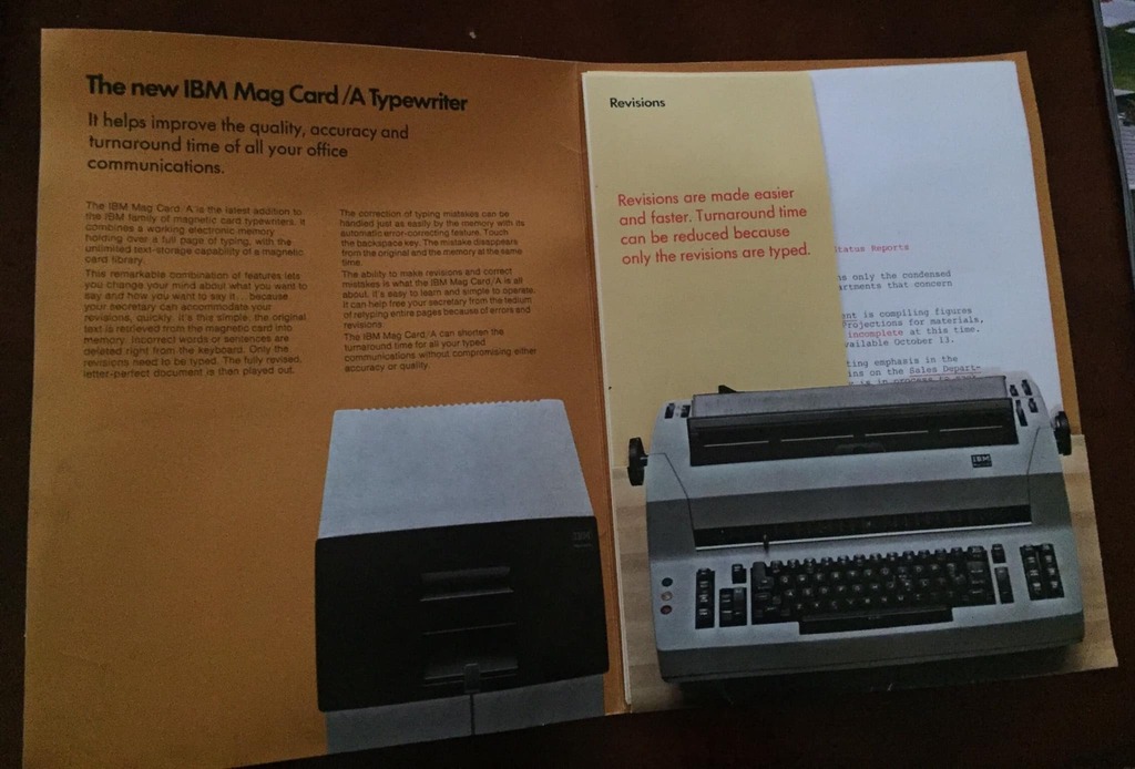 The kind people at the The New England Wireless and Steam Museum donated sales literature for our 1975 vintage IBM Mag Card/A typewriter.