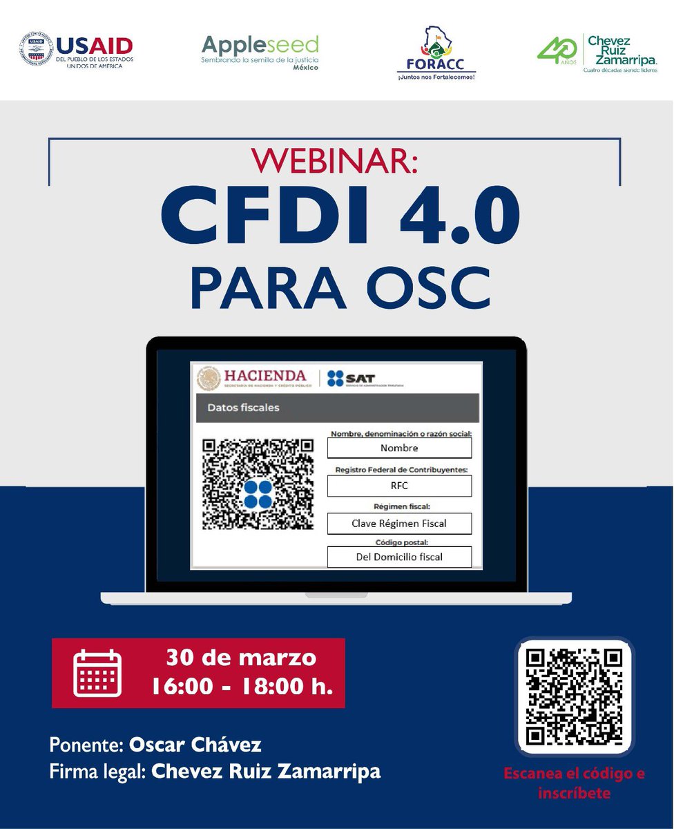 AppleseedMexico's tweet photo. Debido a que a partir del 1 de abril, solo se podrá emitir CFDI 4.0 Tendremos la oportunidad de brindar este #webinar junto con nuestros aliados de @CRZ_Chevez. 

Donde podrán conocer más sobre este tema para tu #OSC. 

Inscripción gratuita 👉🏻 https://t.co/VxVZozzOSR https://t.co/hYFZDvgQ99