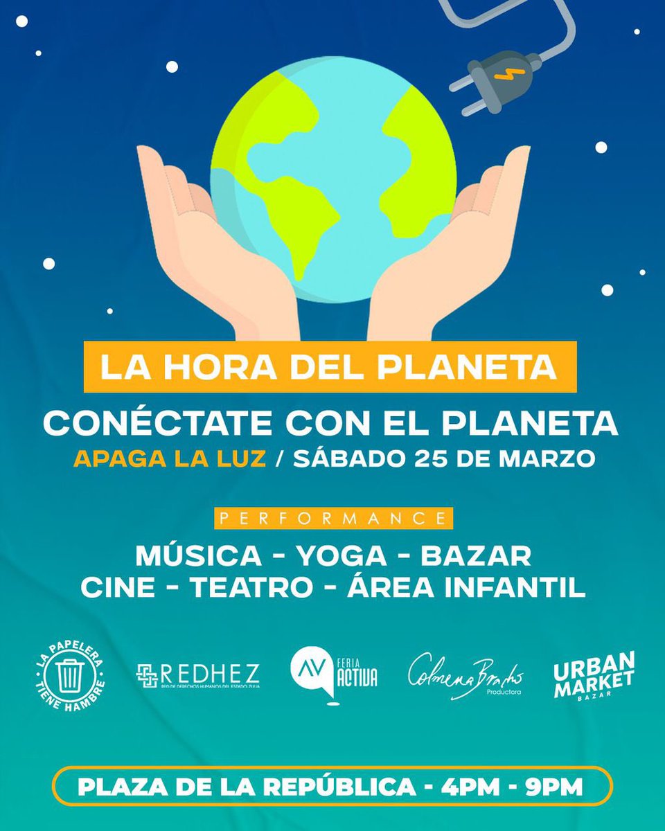 Te invitamos a unirte a la convocatoria abierta en Plaza de la República, este sábado #25Mar desde las 4:00 p.m.

La #HoraDelPlaneta será el escenario para una diversidad de talentos que se pronunciarán a favor del planeta. 

Recomendación: Ven con ropa cómoda y protégete del sol