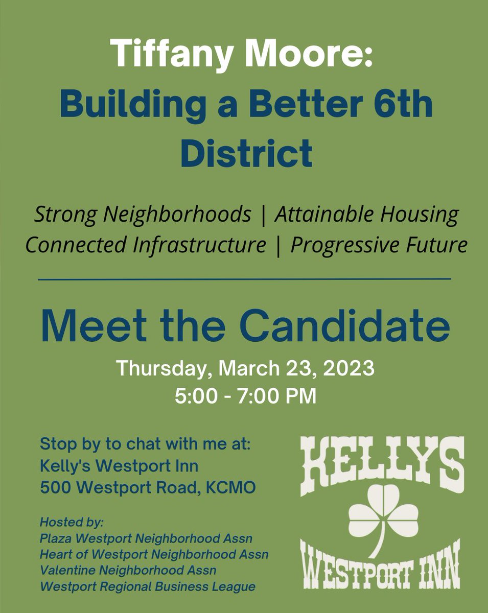 Kelly's Westport Inn is the place to be tonight. Stop in and chat from 5 - 7 PM. #allinkcmo #vote