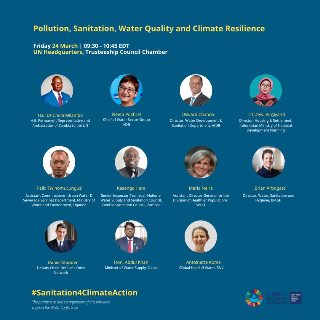 Meet some of the inspirational leaders  joining us tomorrow morning at the #UNWaterConference2023

Together with the event’s participants, they’ll intensify  calls to place #Sanitation4ClimateAction on the #WaterActionAgenda radar

Programme here: bit.ly/3LLwpsv