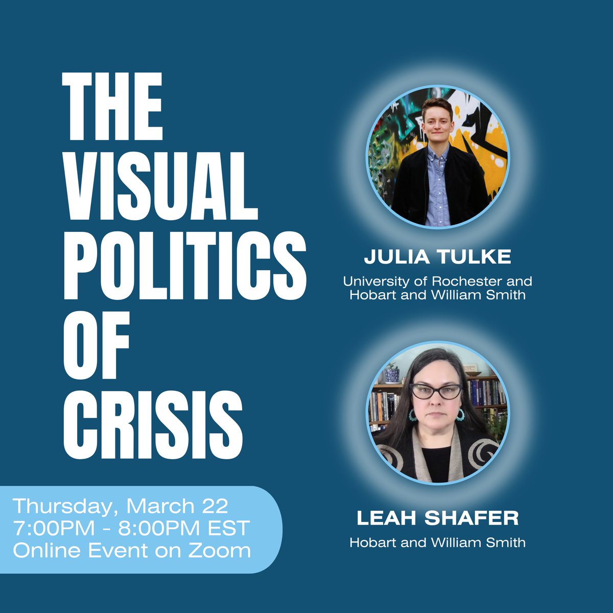 Today’s event is a conversation between visual anthropologist and art historian Julia Tulke and media scholar Leah Shafer about how public art practices and collectives intersect with cities in crisis. Click the link below to register. 

ithaca.zoom.us/meeting/regist…