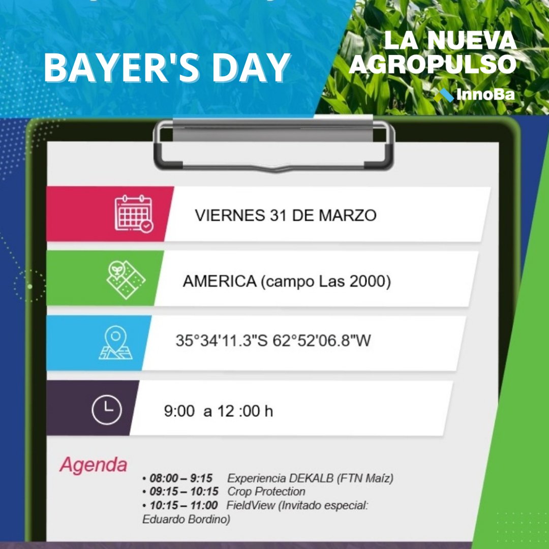 Se viene el Bayer's Day!

🗓 viernes 31 de marzo
📍 Est. Las 2000, América
🕗 9 a 12 hs.

Te esperamos 👌🏻

@Bayer4CropsAR <a href="/DekalbArgentina/">DEKALB Argentina</a>