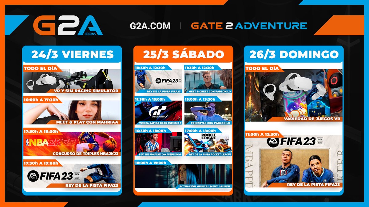 G2A_ES's tweet photo. ¡Este fin de semana estaremos en el #MARCASportWeekend @MARCA! 🏀🕹️🎮
¡Os esperamos a partir del viernes con un montón de actividades! Tenéis por aquí los horarios para que podáis organizaros y venir a toooodo 👇
¿Os apuntáis?🤸🏻
#MSW23 #Marca #MeetAndPlay https://t.co/h3i2qyQ9QN