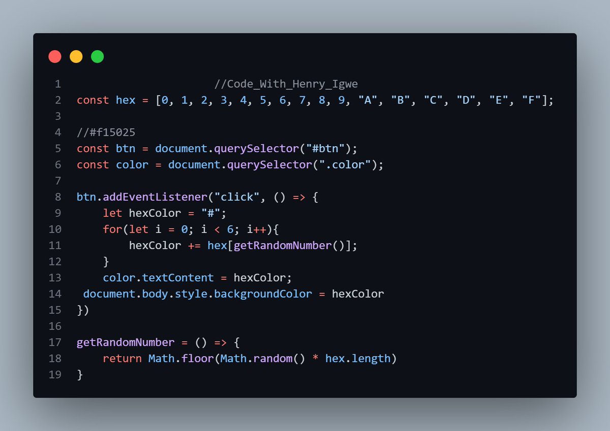TheHenryIgwe's tweet image. Day 21.
To practically implement all that i have done.I built a color flipper website. The principle here is that once the button is clicked, the background color changes and the name of the color appears on the screen.
#30daysOfJavaScriptChallenge
#selfimprovement
@Techk_e4ma