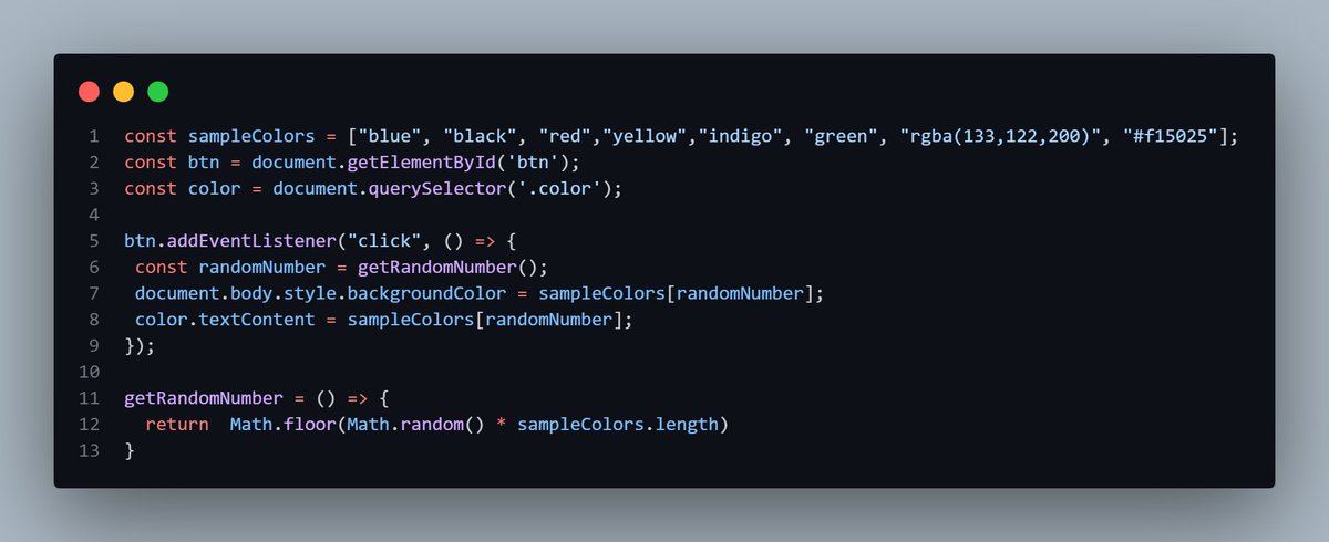 TheHenryIgwe's tweet image. Day 21.
To practically implement all that i have done.I built a color flipper website. The principle here is that once the button is clicked, the background color changes and the name of the color appears on the screen.
#30daysOfJavaScriptChallenge
#selfimprovement
@Techk_e4ma