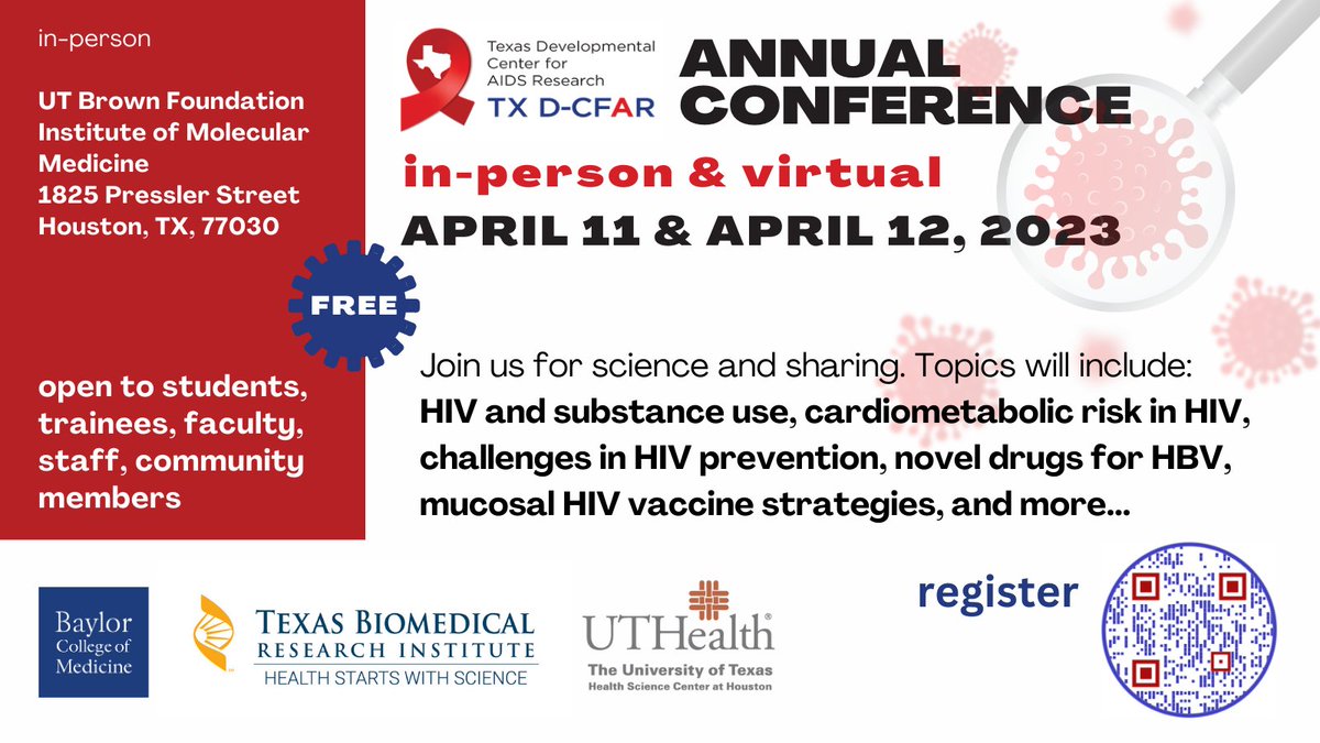 Texas Developmental Center for AIDS Research (@texasdcfar) on Twitter photo Deadline to register is April 7. Don't have FOMO.
bit.ly/TexasDCFARConf…
<a href="/txbiomed/">Texas Biomedical Research Institute</a> <a href="/UTHealthHouston/">UTHealth Houston</a> <a href="/BCMFromtheLabs/">From the Labs at Baylor College of Medicine</a> <a href="/asm_tmc/">ASM Texas Medical Center Chapter</a> <a href="/RitiSharan/">Riti Sharan</a> <a href="/emmybarr/">Emily Barr, PhD, PNP, CNM, FACNM, FAAN</a> <a href="/Rojelio/">Rojelio Mejia, MD</a> <a href="/DrMandyJHill/">Mandy J. Hill, DrPH, MPH, HIVPCP</a> <a href="/therealpozotter/">Caleb Brown, MPH, CHES® - The Positive Otter</a> <a href="/foynicole/">Nicole Foy</a> Deadline to register is April 7. Don't have FOMO.
bit.ly/TexasDCFARConf…
<a href="/txbiomed/">Texas Biomedical Research Institute</a> <a href="/UTHealthHouston/">UTHealth Houston</a> <a href="/BCMFromtheLabs/">From the Labs at Baylor College of Medicine</a> <a href="/asm_tmc/">ASM Texas Medical Center Chapter</a> <a href="/RitiSharan/">Riti Sharan</a> <a href="/emmybarr/">Emily Barr, PhD, PNP, CNM, FACNM, FAAN</a> <a href="/Rojelio/">Rojelio Mejia, MD</a> <a href="/DrMandyJHill/">Mandy J. Hill, DrPH, MPH, HIVPCP</a> <a href="/therealpozotter/">Caleb Brown, MPH, CHES® - The Positive Otter</a> <a href="/foynicole/">Nicole Foy</a>