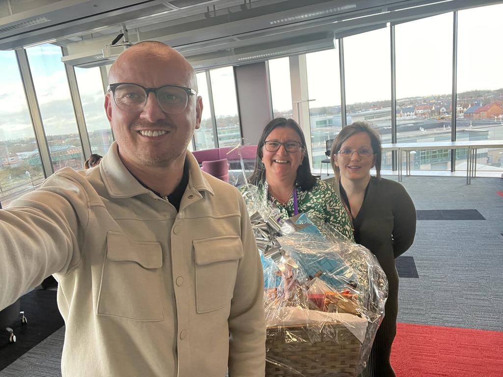 RachelDoubleday's tweet photo. We had an amazing day celebrating our first cohort of #DNSPQ apprentices @TeesUniSHLS . TY for the very generous hamper you have me, @LiamRedden1 &amp; @Denisedye12 . Very kind &amp; generous. We will explore contents in the office together next week. 👍😀 https://t.co/RsuevGWL3M