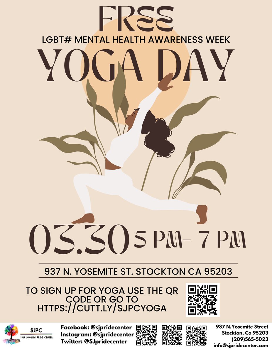 SJPrideCenter's tweet photo. Make sure to sign up for our Free Yoga Day on March 30th from 5pm to 7pm! We're celebrating LGBT+ Mental Health Awareness Week with a day filled with workshops to help us learn healthier coping mechanisms for mental health! To sign up go to https://t.co/mLc4ST4Ecf https://t.co/VxJXMzqKnX