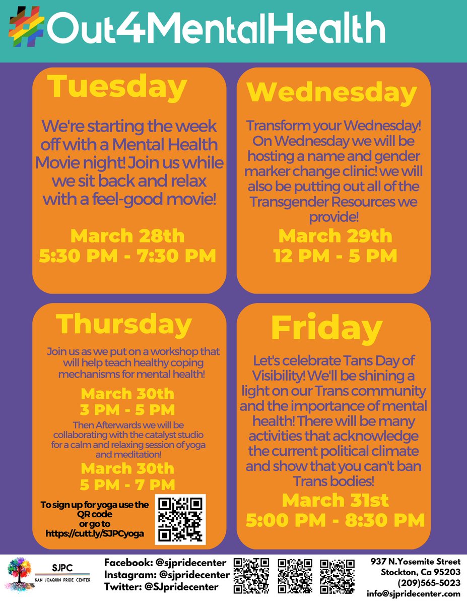 SJPrideCenter's tweet photo. Make sure to sign up for our Free Yoga Day on March 30th from 5pm to 7pm! We're celebrating LGBT+ Mental Health Awareness Week with a day filled with workshops to help us learn healthier coping mechanisms for mental health! To sign up go to https://t.co/mLc4ST4Ecf https://t.co/VxJXMzqKnX