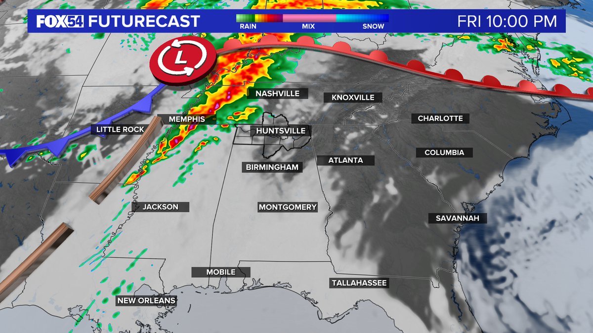 JDressmanWX's tweet photo. Severe weather is possible Friday night and Saturday morning s a line of showers and storms moves through the Tennessee Valley. This looks to be a wind event, but a couple of tornadoes can't be ruled out west of I-65.
#ALWX #TNWX #SpringCold #FOX54 #FOX54WX #TennesseeValley https://t.co/aKUXdmoXJW