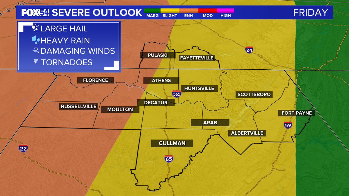 JDressmanWX's tweet photo. Severe weather is possible Friday night and Saturday morning s a line of showers and storms moves through the Tennessee Valley. This looks to be a wind event, but a couple of tornadoes can't be ruled out west of I-65.
#ALWX #TNWX #SpringCold #FOX54 #FOX54WX #TennesseeValley https://t.co/aKUXdmoXJW