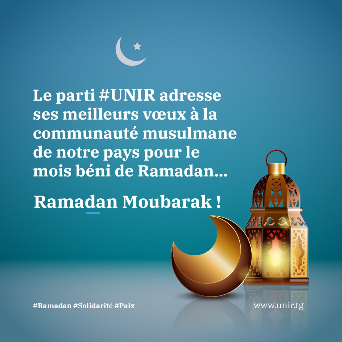 UnirTgOfficiel's tweet photo. #UNIR adresse ses meilleurs vœux à la communauté musulmane de notre pays pour le mois béni de #Ramadan. 

Nous souhaitons que ce mois sacré soit une opportunité pour renforcer notre solidarité et notre générosité envers les plus démunis. 

Ramadan Moubarak !

#Ramadan2023 https://t.co/GGtuYMOBW1