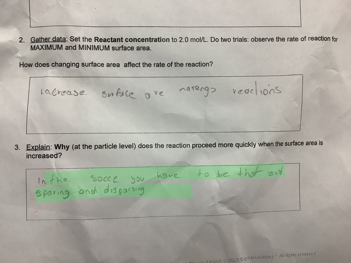 MsPChem's tweet image. 3 EL boys @ElkGrove_HS 1st time using @ExploreLearning Collision Theory

* Ss 1 submitted pic of Tchr modeling surface area
* Ss 2 “this is amazing!”
* Ss 3 related to self: “In soccer you have to…separate and dispersing” 
#d214learns