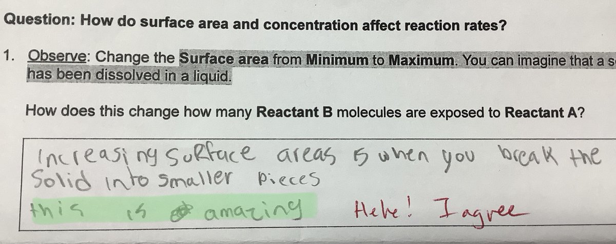 MsPChem's tweet image. 3 EL boys @ElkGrove_HS 1st time using @ExploreLearning Collision Theory

* Ss 1 submitted pic of Tchr modeling surface area
* Ss 2 “this is amazing!”
* Ss 3 related to self: “In soccer you have to…separate and dispersing” 
#d214learns