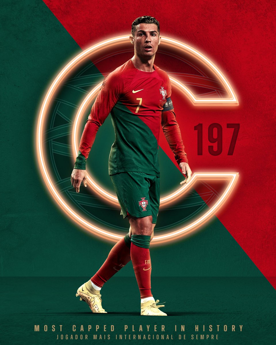 Senhoras e senhores, o 👑 dos Recordes: <a href="/Cristiano/">Cristiano Ronaldo</a>  Ronaldo é o Mais Internacional de SEMPRE! 🐐 🇵🇹 #VesteABandeira

Ladies and gentlemen, the 👑 of Records: Cristiano Ronaldo is the player with the Most International Caps in History! 🐐 🇵🇹 #WearTheFlag