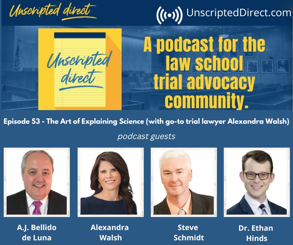 UnscriptedDX's tweet photo. Hi Everyone! This week we interview one of the most respected trial lawyers in the country: Alexandra Walsh.

We also have @UNLCollegeofLaw's Steve Schmidt, @StMarys_Law's A.J. Bellido de Luna and @UTHealthSA's Dr. Ethan Hinds on this week's #podcast. 

https://t.co/TxpuUnMAiK https://t.co/XCJVeG4Fry