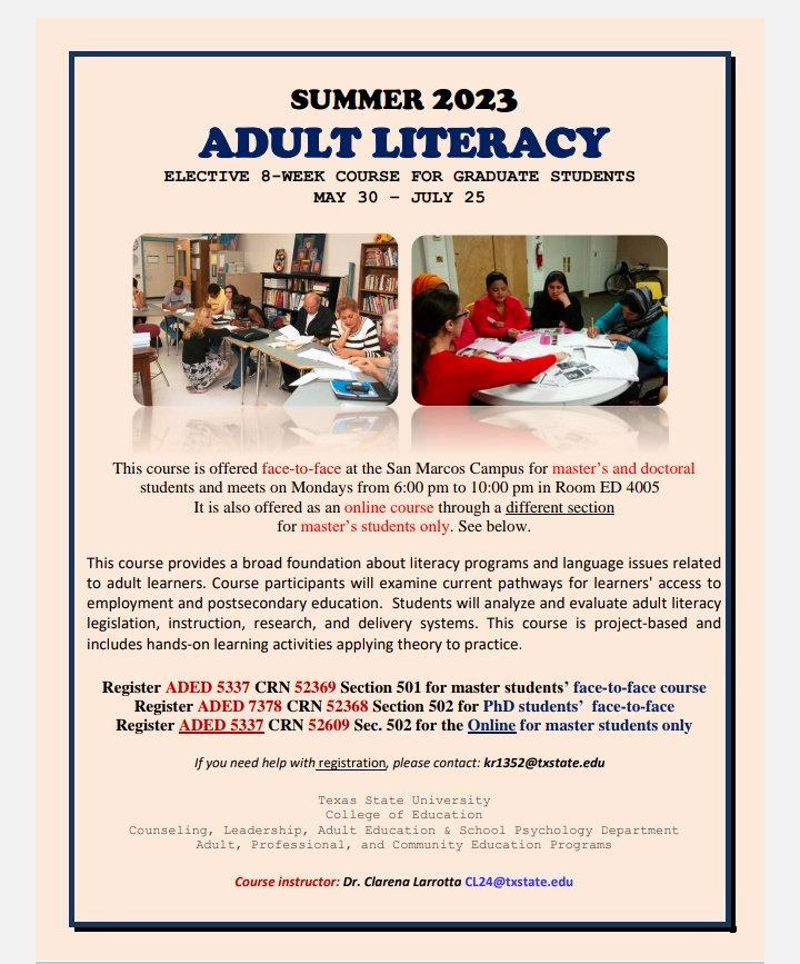 This Adult Literacy course provides a broad foundation about literacy programs and language issues related to adult learners. 
The course is project-based and includes hands-on learning activities applying theory to practice. 
<a href="/TxStateAdultEd/">Texas State APCE MA</a>
<a href="/APCETXST_PhD/">APCE TX ST Doctoral Program</a> 
<a href="/DevEdTxSt/">Postsecondary Student Success at TXST</a> 
<a href="/TXSTCOE/">College of Education at TXST</a>