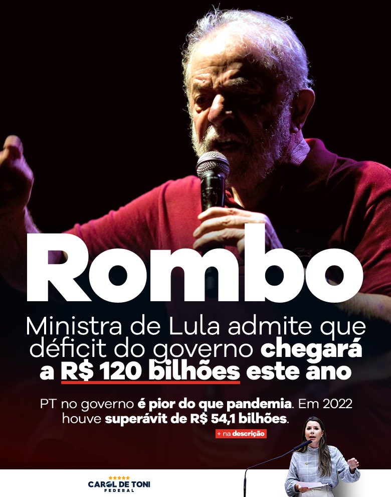 CarolDeToni's tweet photo. PREPARA O BOLSO QUE A CONTA DO L ESTÁ CHEGANDO.

A Ministra Tebet admitiu que o Governo Lula deve fechar 2023 com um rombo de cerca de R$ 120 bilhões (um rombo maior do que o que vinha sendo calculado até então) - e isso tudo, lembremos, sem pandemia e após um ano de superávit,⤵️ https://t.co/GmjVB2p00i