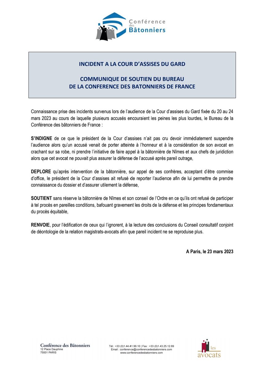 Conf_Batonniers's tweet photo. Incident Cour d'assises du Gard
La @Conf_Batonniers soutient le barreau de Nîmes et sa Bâtonnière @AoudiaKhadija
Parce qu'un accusé devant une Cour d'assises doit toujours pouvoir être défendu et son avocat doit toujours pouvoir prendre connaissance du dossier avant d'intervenir https://t.co/X691edxSte