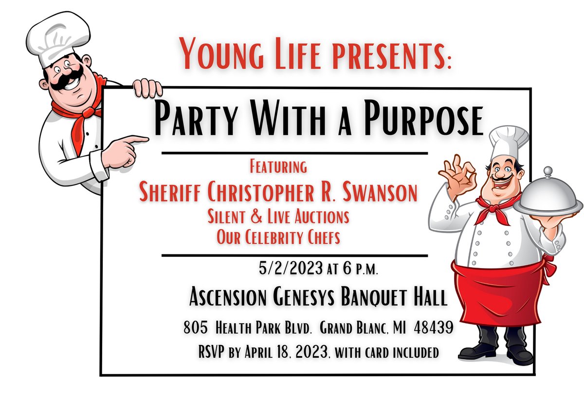 GenCoYL's tweet photo. Insider invite!! May 2 BASH! Sheriff Swanson &amp; our Celebrity Chefs will provide hilarity - the testimonies of young people whose lives have been changed because of Young Life will provide the heart! Sign up!! Invite a friend! 
Click here to RSVP:
https://t.co/8yXDjftU2g https://t.co/iVRxos1BIH