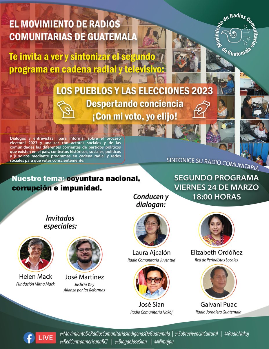 radionakoj's tweet photo. #Elecciones2023 | coyuntura nacional, corrupción e impunidad

El Movimiento de Radios Comunitarias de Guatemala te invita a ver y sintonizar el segundo programa en cadena radial y televisivo: "LOS PUEBLOS Y LAS ELECCIONES 2023 Despertando conciencia ¡Con mi voto, yo elijo!". https://t.co/HT24cqSS7z
