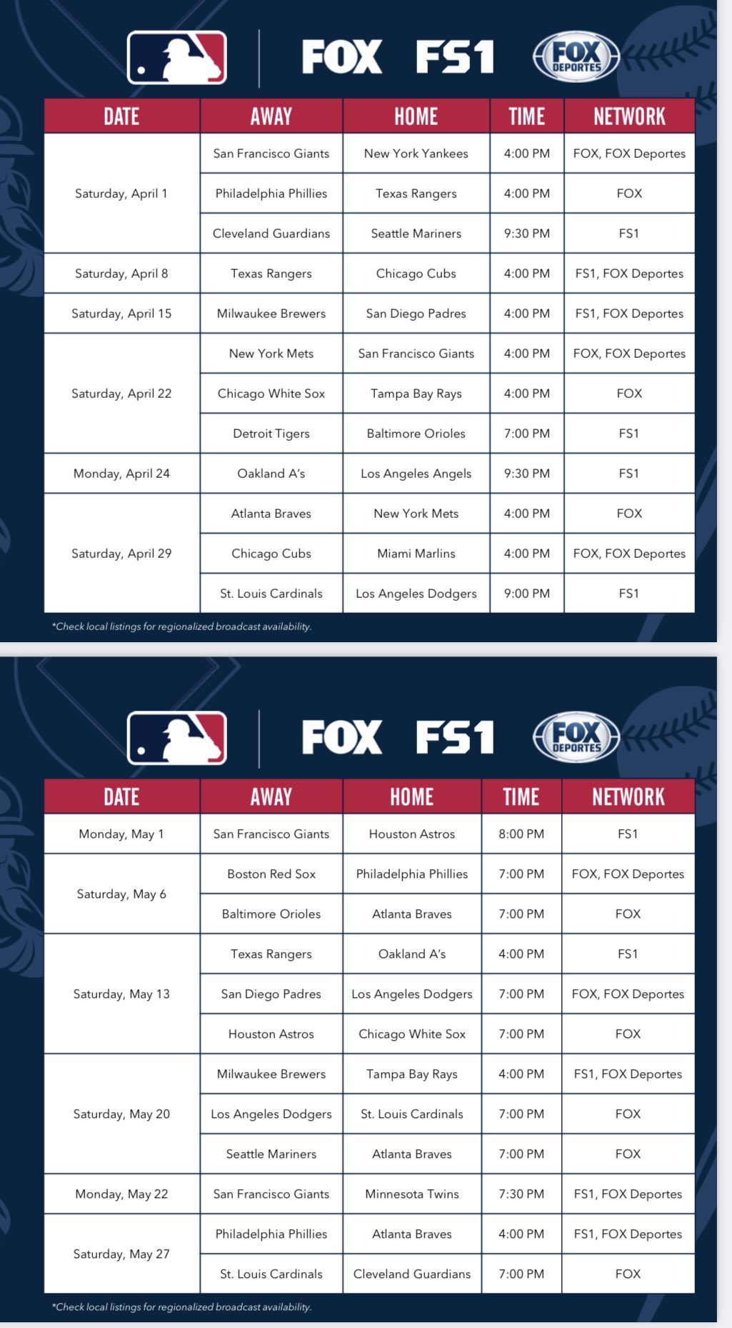 2023 national MLB broadcast schedule for FOX, FS1, and FOX Deportes
