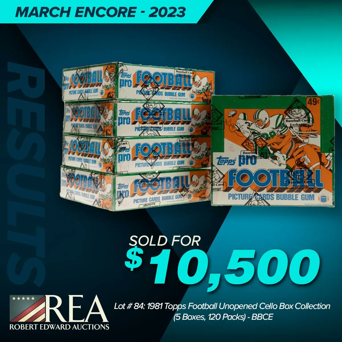 collect_rea's tweet photo. Extraordinary Results: Lot # 84: 1981 Topps Football Unopened Cello Box Collection (5 Boxes, 120 Packs) - BBCE.
@reaonline #footballcards #nflcards #thehobby #auction #sportscardcollector #unopenedpacks https://t.co/k1sCR7thBu