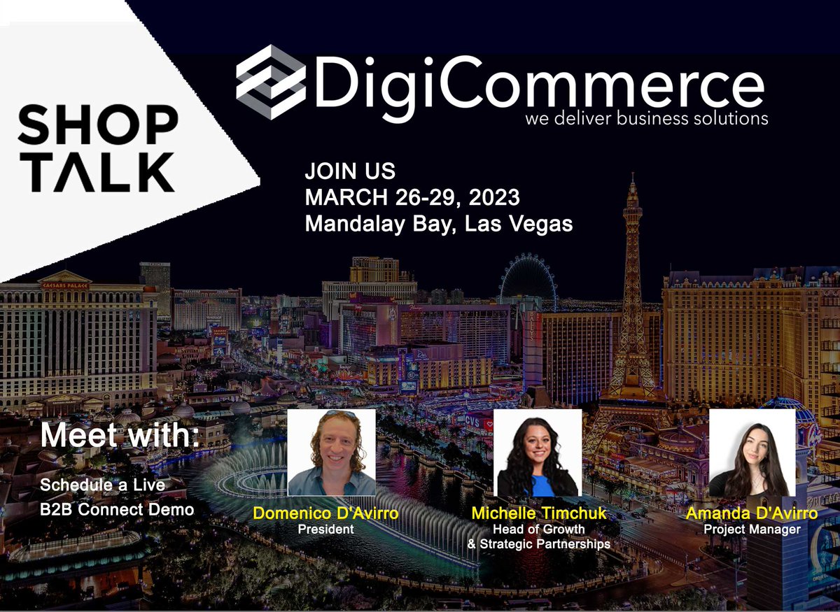 DigiCommercegrp's tweet photo. SHOPTALK is coming up in a couple of days &amp; we are thrilled to meet with you! Join us March 26-29 at #Shoptalk 2023 in Las Vegas
Let's schedule a time to demo the B2B Connect solution, https://t.co/WGB2qIHRXF
Reach out to set some time to chat https://t.co/BXXHmXSeLo
#ecommerce https://t.co/taNjXeVRwD