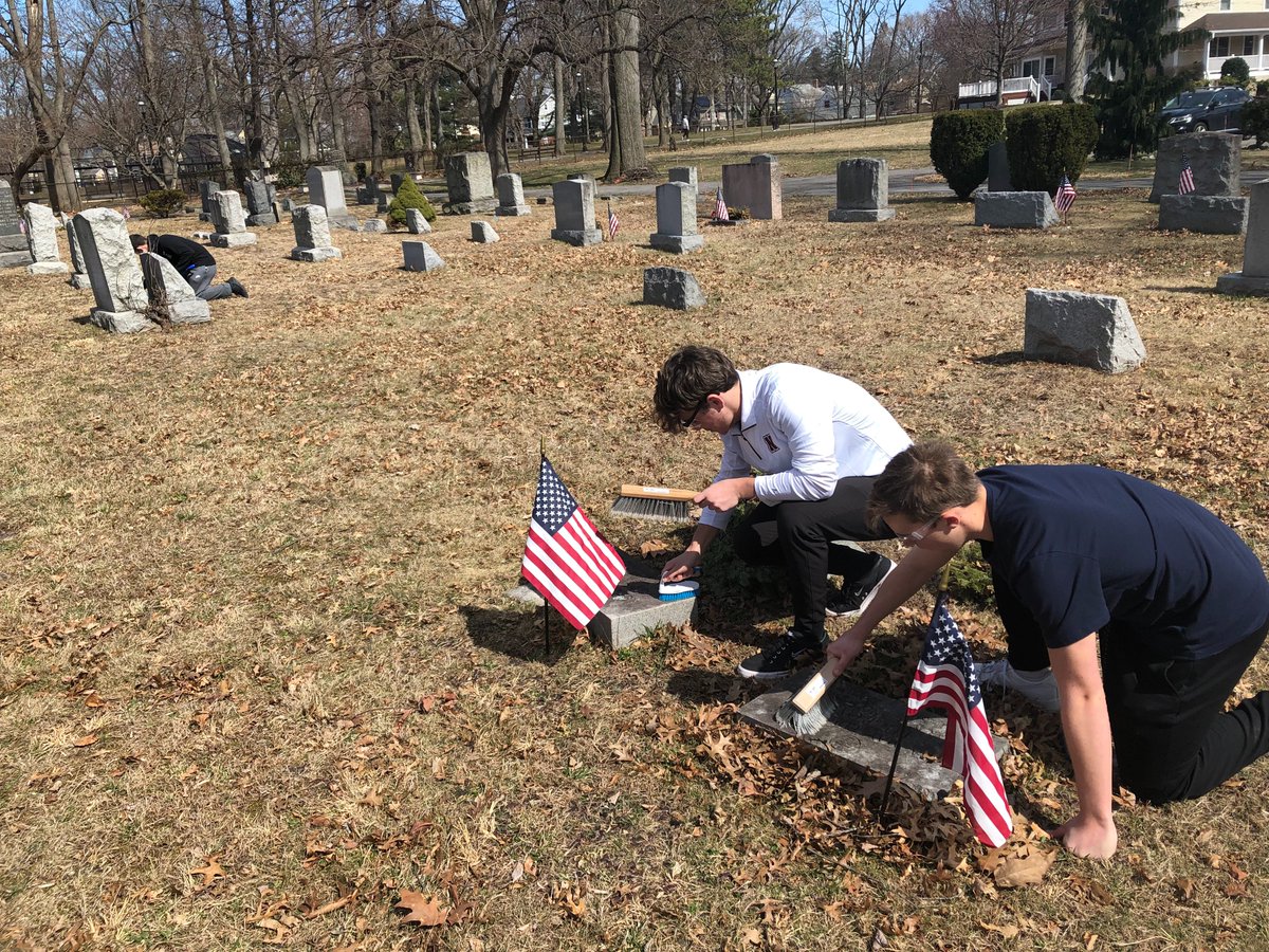 Some of our Nutley FCA and JWMS Patriot Club members cleaning Veterans headstones at Vincent Cemetery in Nutley, NJ.  Huge thank you to Michael Perrone and the Belleville Historical Society for all their work and for providing the products and brushes. #RemeberTheFallen 🇺🇸