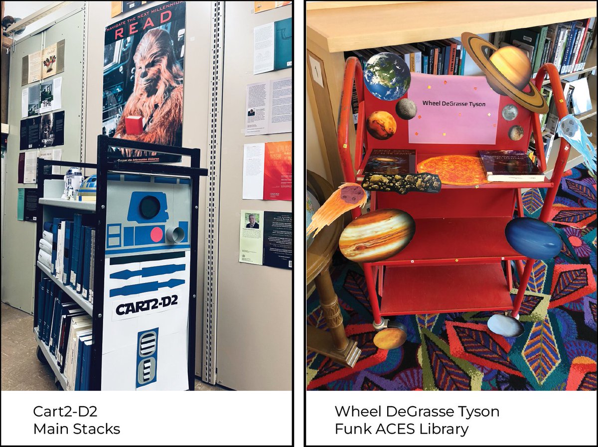 IllinoisLibrary's tweet photo. Book Cart Madness Round 2: Cart2-D2 from @ILLINOISstacks vs Wheel Degrass Tyson from @FunkACESLibrary https://t.co/qDMpZHrbCk